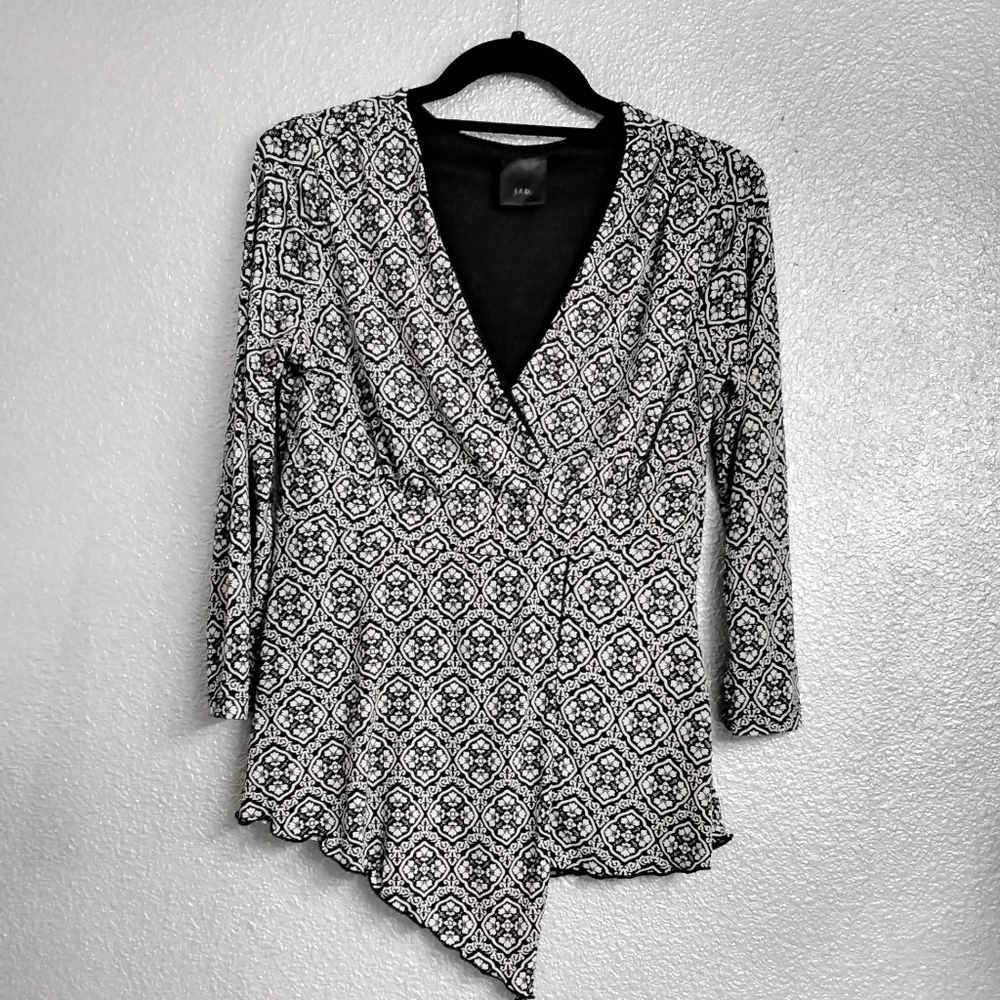 J.T.B. Black  & White Faux Wrap Shirt  Size S